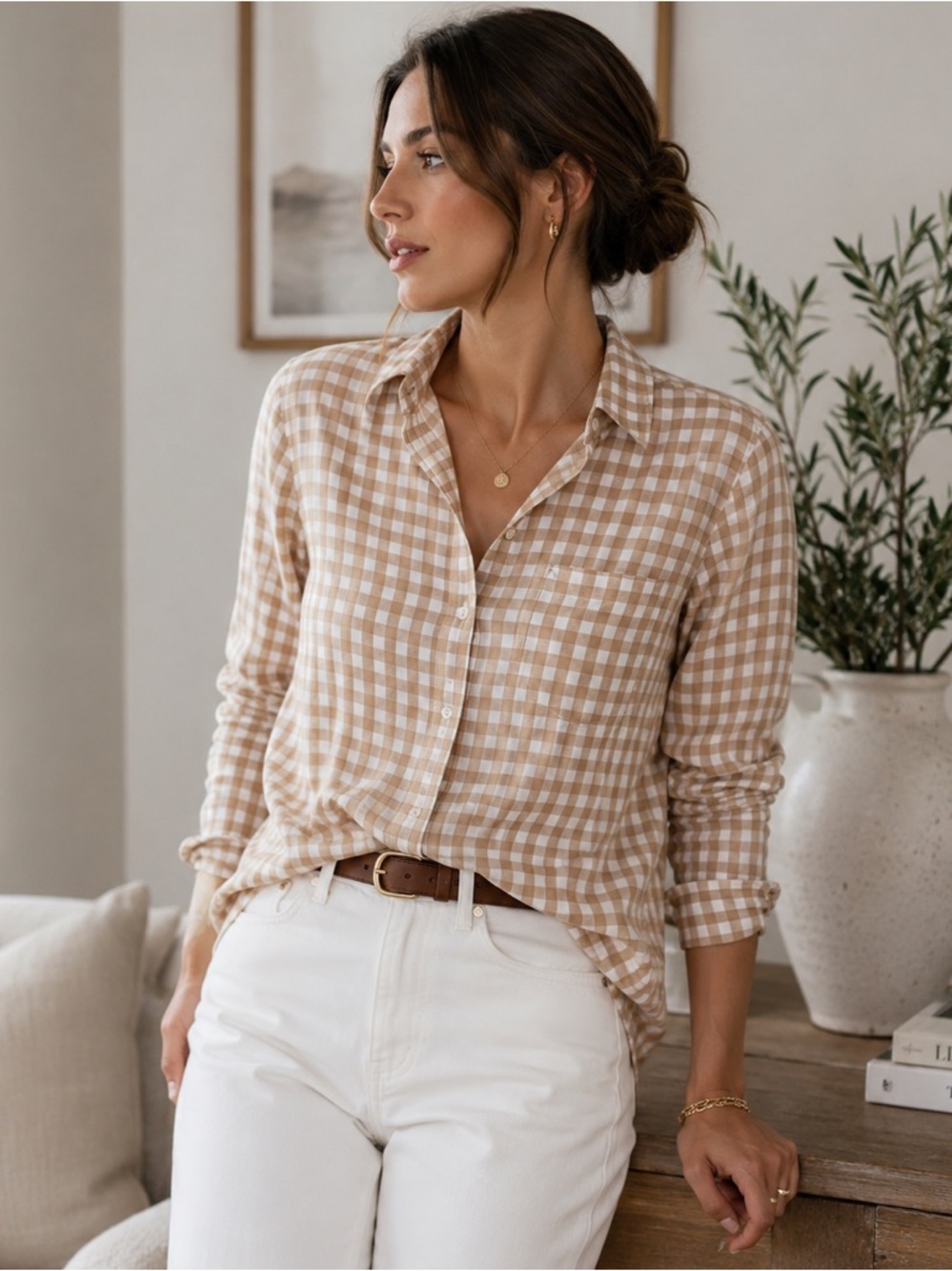 J.Crew 100% Cotton Gingham Button-Front Shirt | Tan & White | Size Medium